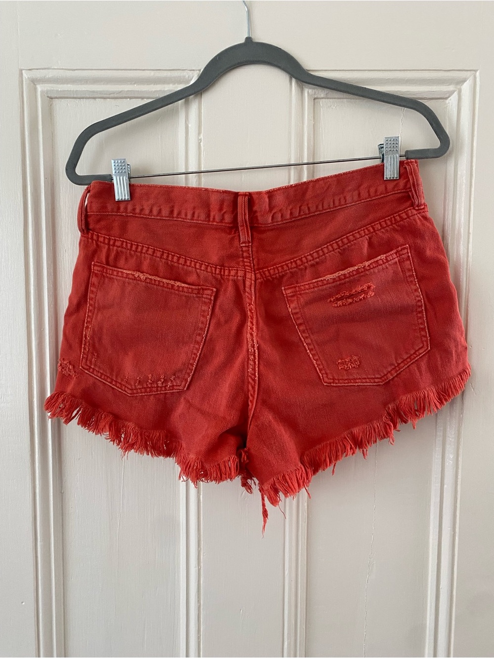 Free People Red Distressed Frayed Denim Shorts - Picture 3 of 3